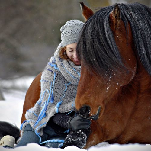 un cheval et une femme assis dans la neige