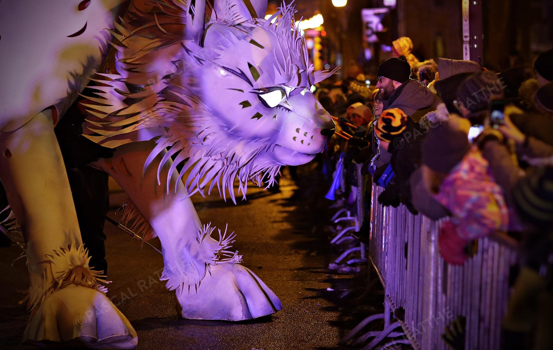 le défilé du Carnaval 2020 à Québec avec un chat géant regardant les gens